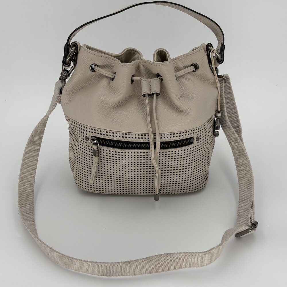 The Sak Ukiah Perforated Leather Drawstring Crossbody Bucket Bag Sesame Beige